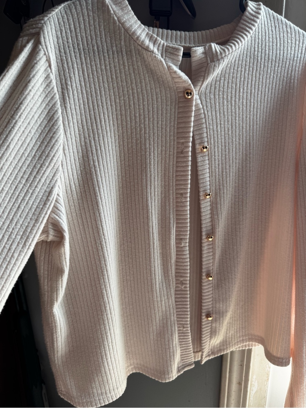 Creamy Pink Ribbed Button-Front Cardigan with Gold Buttons
